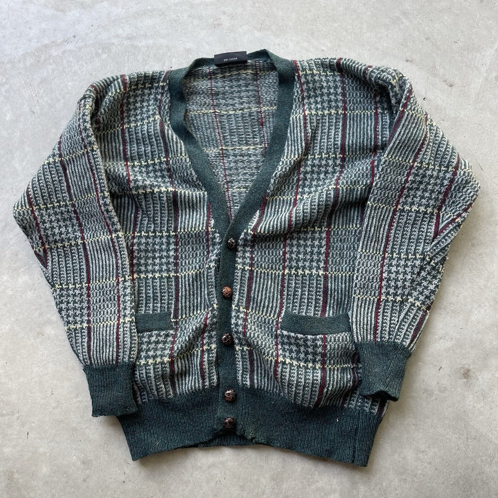 Vtg Preswick & Moore Mens M Cardigan Sweater Shetland Wool Plaid Green Academia
